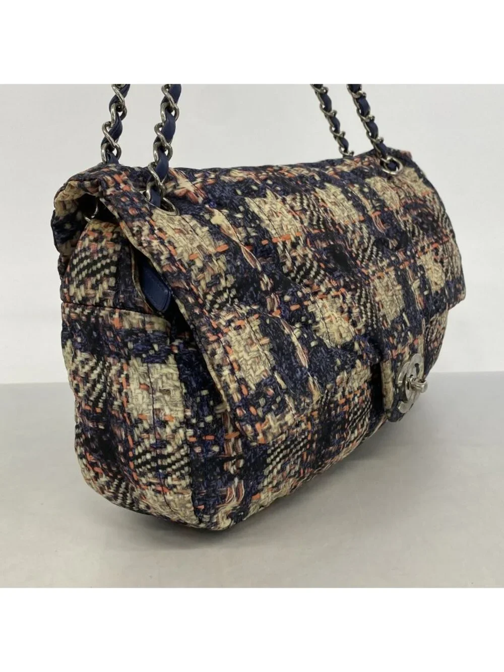 Chanel Shoulder Bag Nylon Navy Beige Pink Silver